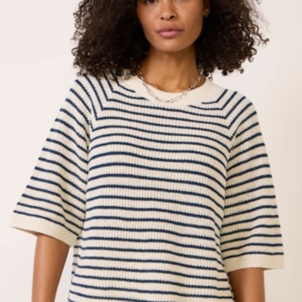 Faherty Cream & Navy Striped Ribbed Short-Sleeve Sweater